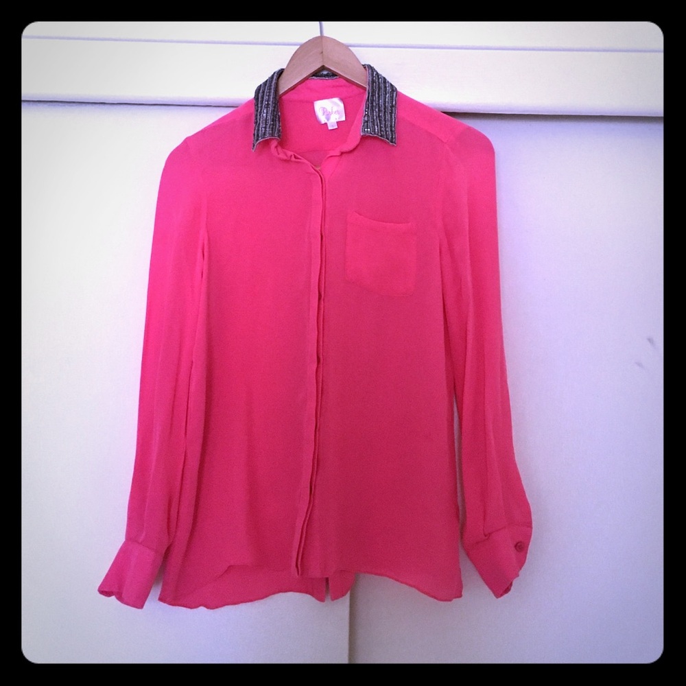 Parker silk hot pink beaded collar blouse